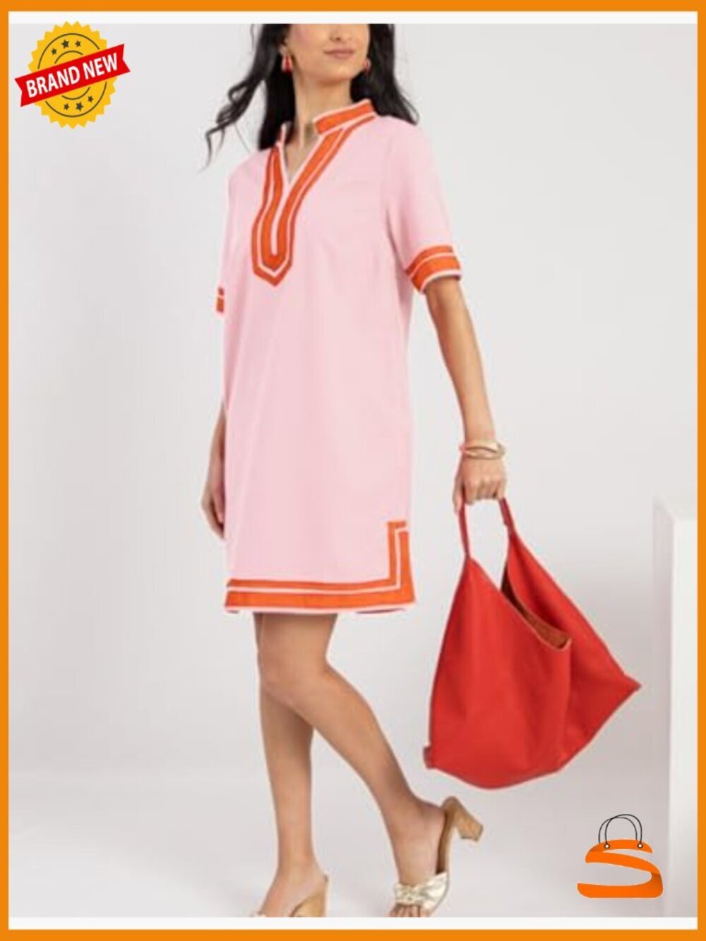 Linen Color Block Shift Dress with Pockets Swimsuit Coverup V-Neck Short Sleeve - Picture 4 of 6